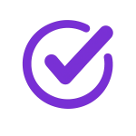 Purple checkmark inside a circular outline on a green background.